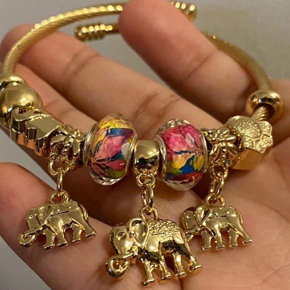 Plated Stainless Steel Charm Bangle Bracelet Elephant Pink Crystal - Picture 11 of 13